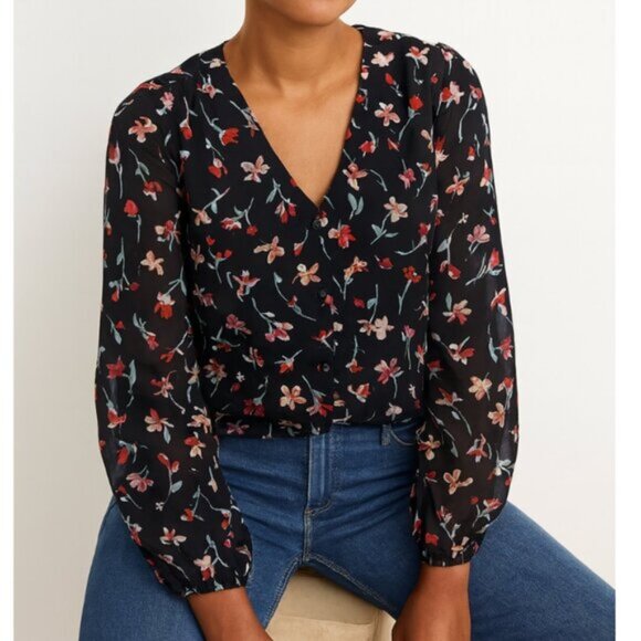 Madewell AJ955 Black Floral Long Sleeve Blouse Women’s Size XS Boho Chic Top - Picture 1 of 8